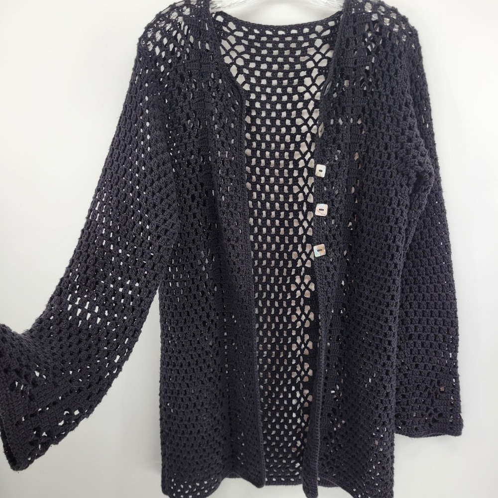 Handmade RICO Black Open Knit Crochet Cardigan Dark Fairy Whimsigoth Grunge M